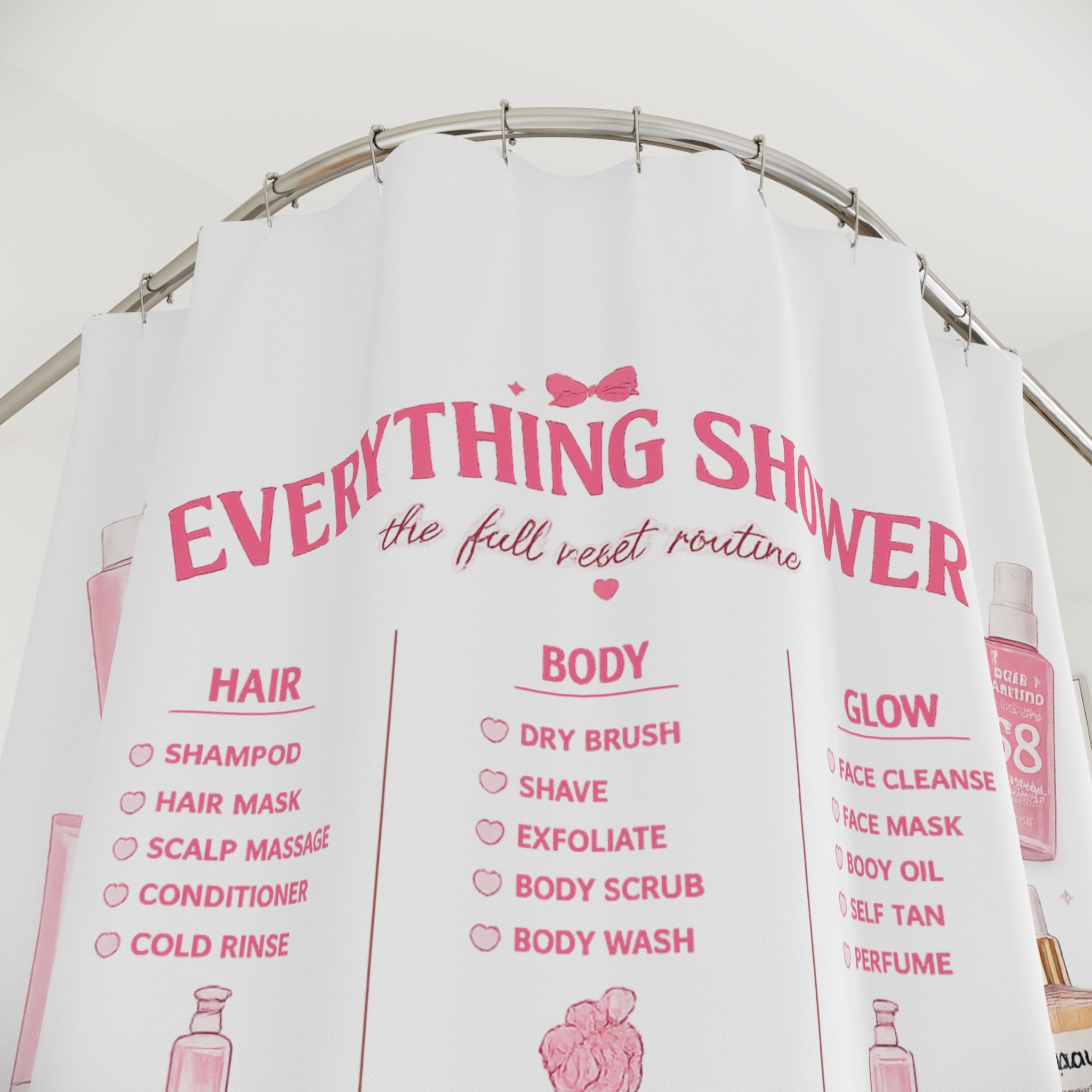 Everything Shower Routine Shower Curtain – Pink Bath Care Checklist Décor
