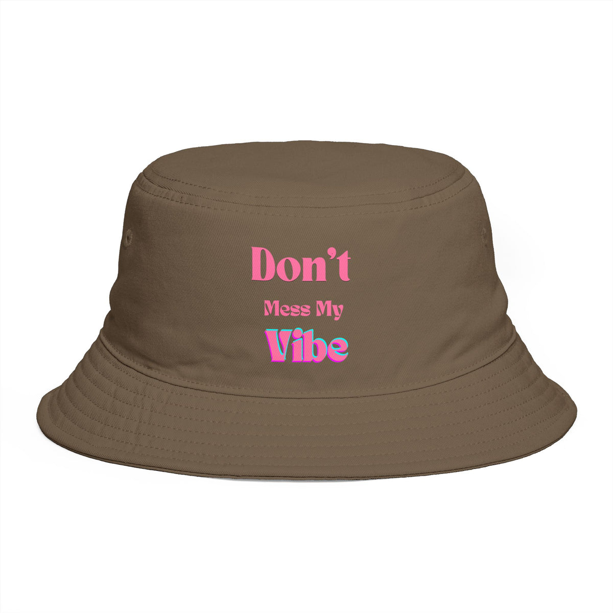 Don't Mess My Vibe Bucket Hat — Retro Pink Text Brown Sun & Festival Hat, view 9