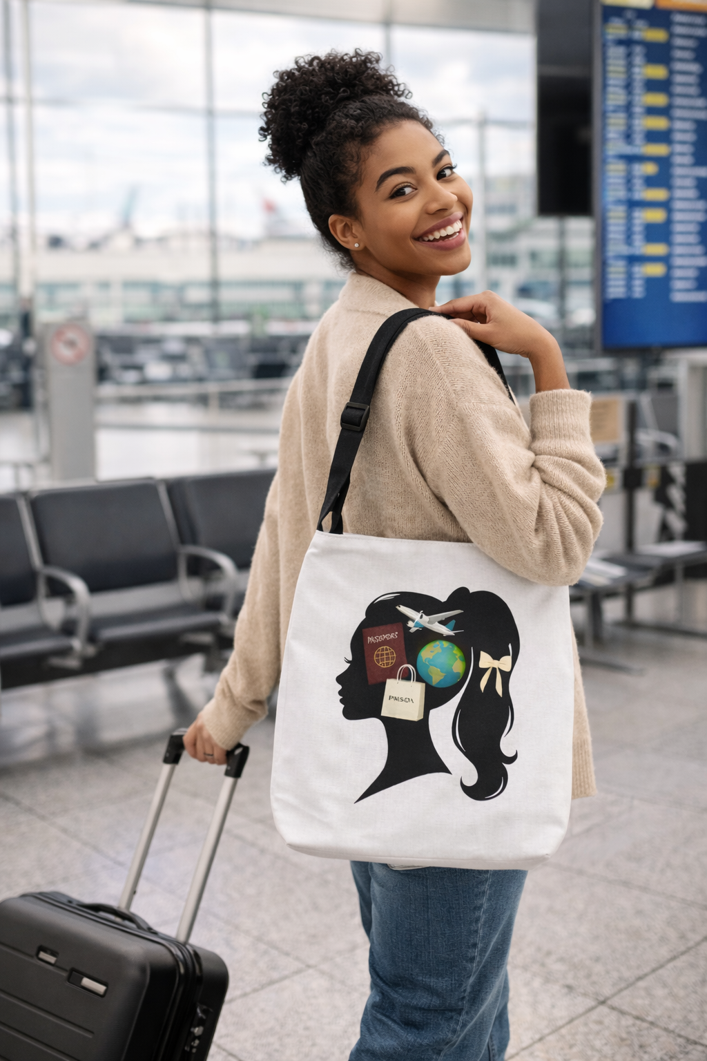 Travel Girl Adjustable Tote Bag –  Passport, Plane & Globe Design