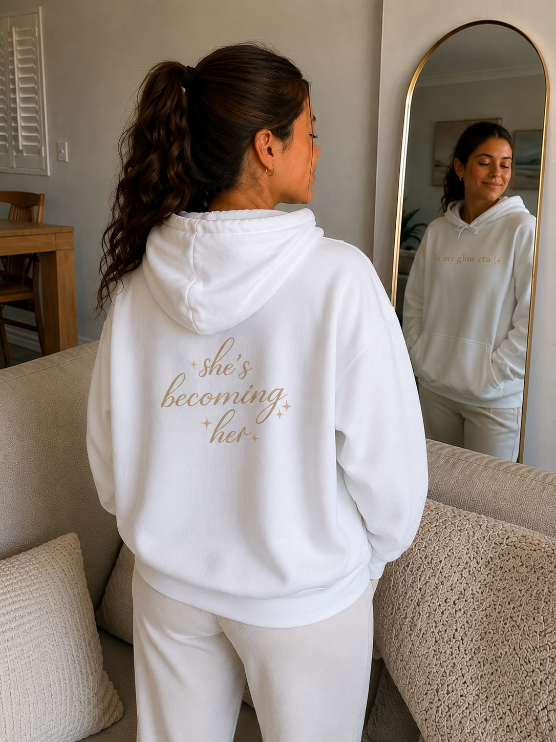 She's Becoming Her Hoodie — Inspirational White Pullover with "in my glow era" Text